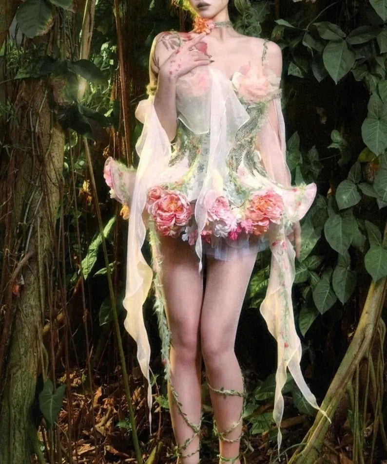 Fairy tale corset dress Forest Spirit Flower Goddess Fairy Dress Fantasy Style Gown | Cottagecore Corset Dress | Fairycore Chiffon Skirt Set