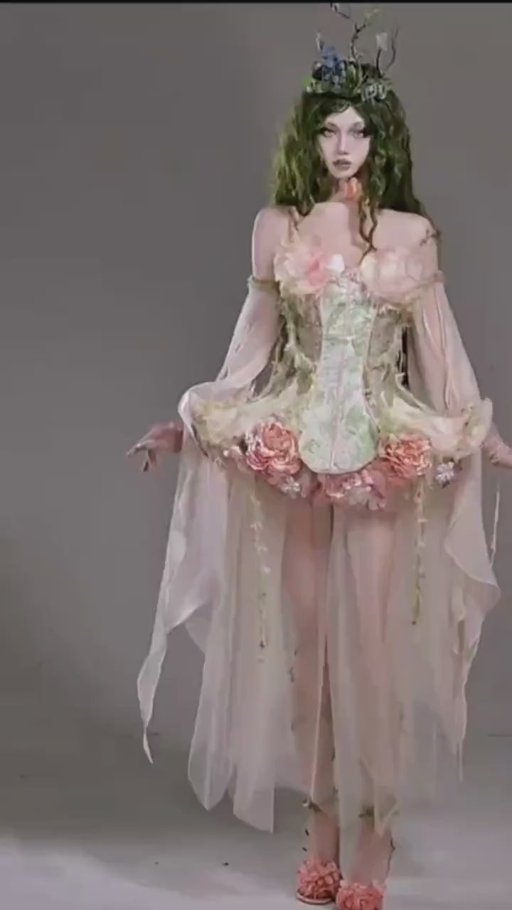 Fairy Tale Corset Dress – Forest Spirit Flower Goddess Gown | Cottagecore Corset Dress | Fairycore Chiffon Skirt Set