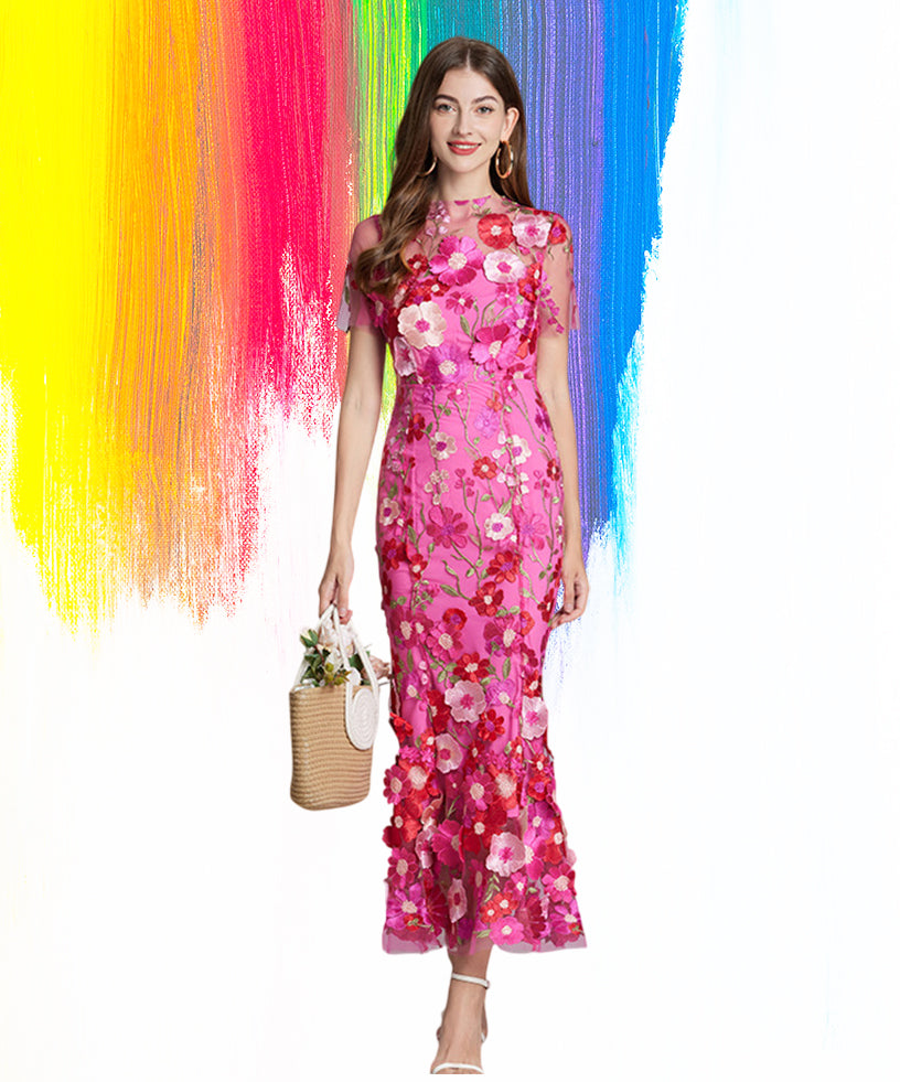 Floral Embroidered Mesh Party Dress – Elegant Fishtail Formal Gown, Beach Holiday Dress, Wedding Guest Outfit