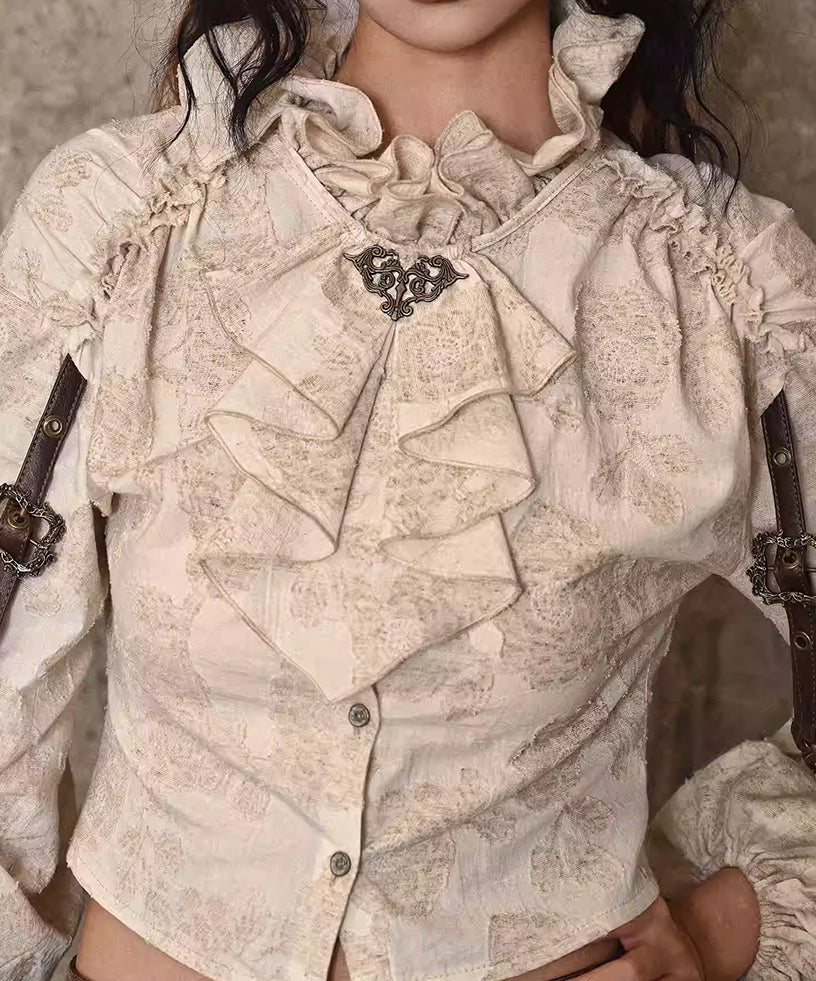 Steampunk Corset Brown Faux Leather & Damask Bustle Victorian High-Low Ruffle Gown – Gothic Renaissance Witchy Dress