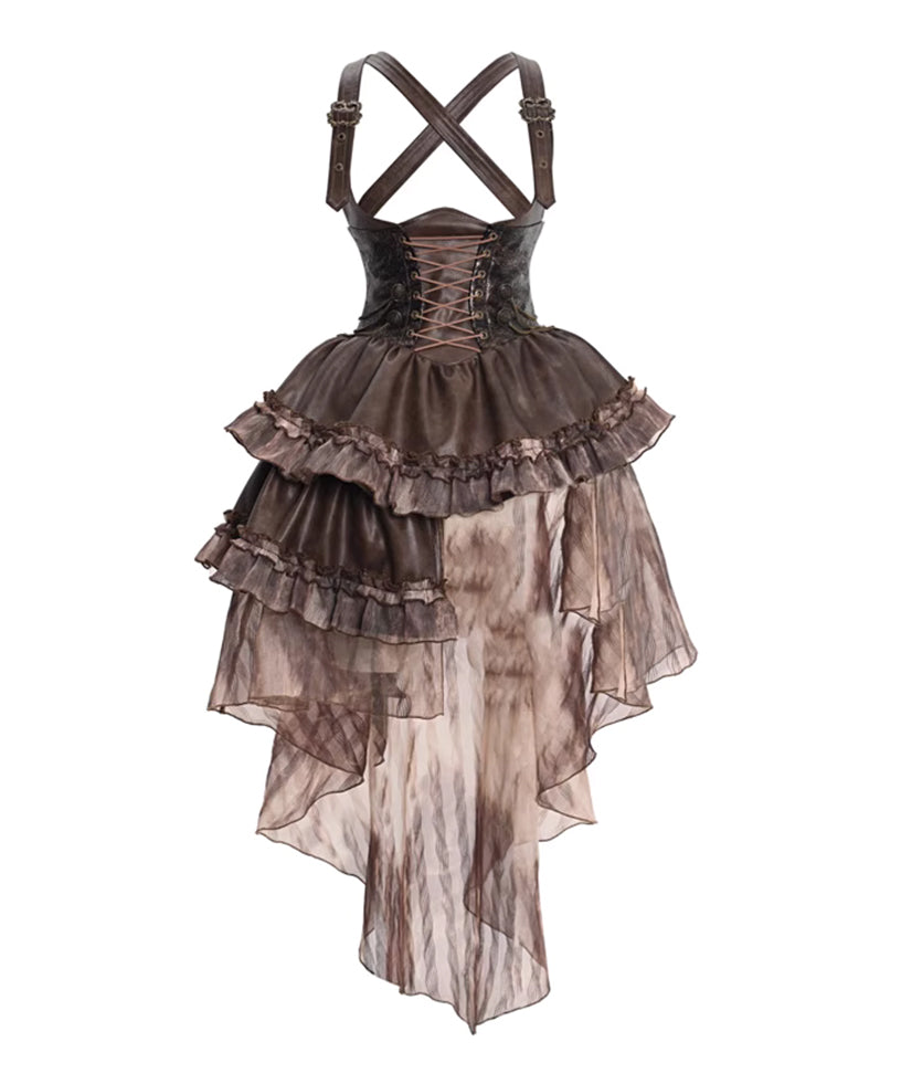 Steampunk Corset Brown Faux Leather & Damask Bustle Victorian High-Low Ruffle Gown – Gothic Renaissance Witchy Dress