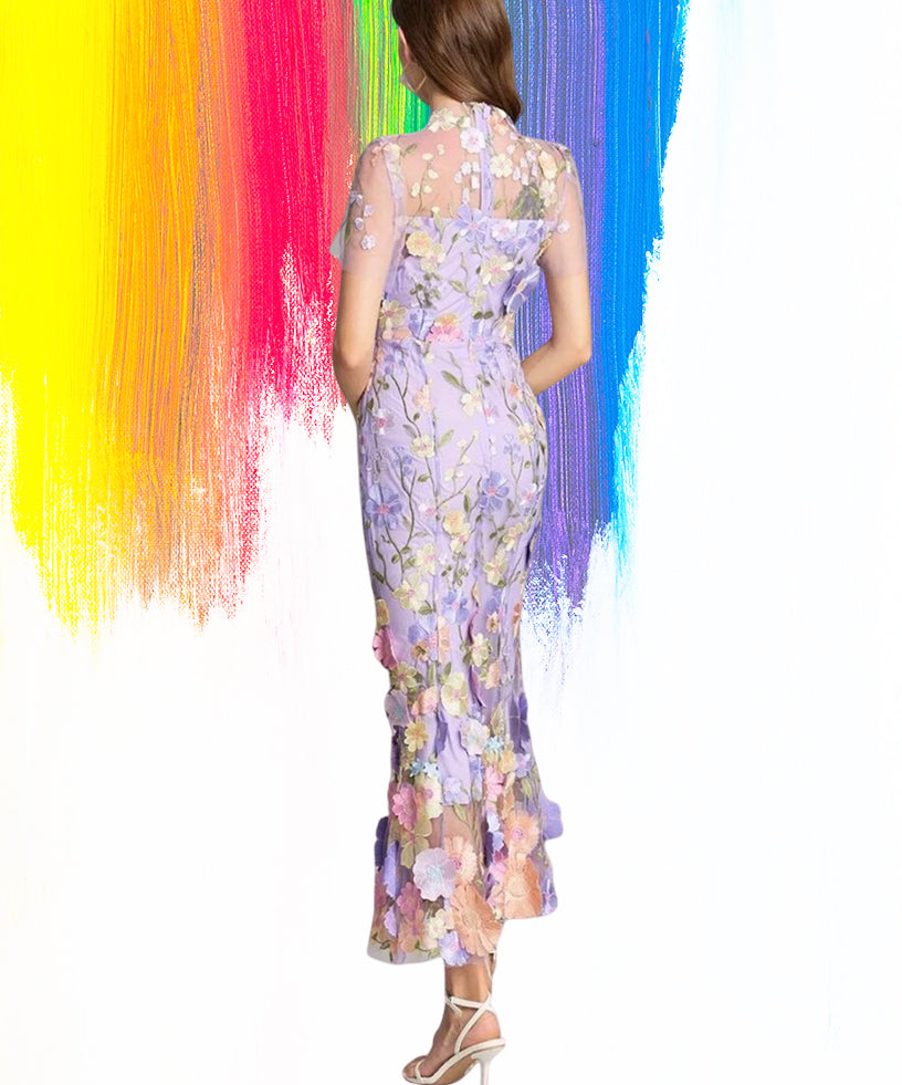 Floral Embroidered Mesh Party Dress – Elegant Fishtail Formal Gown, Beach Holiday Dress, Wedding Guest Outfit