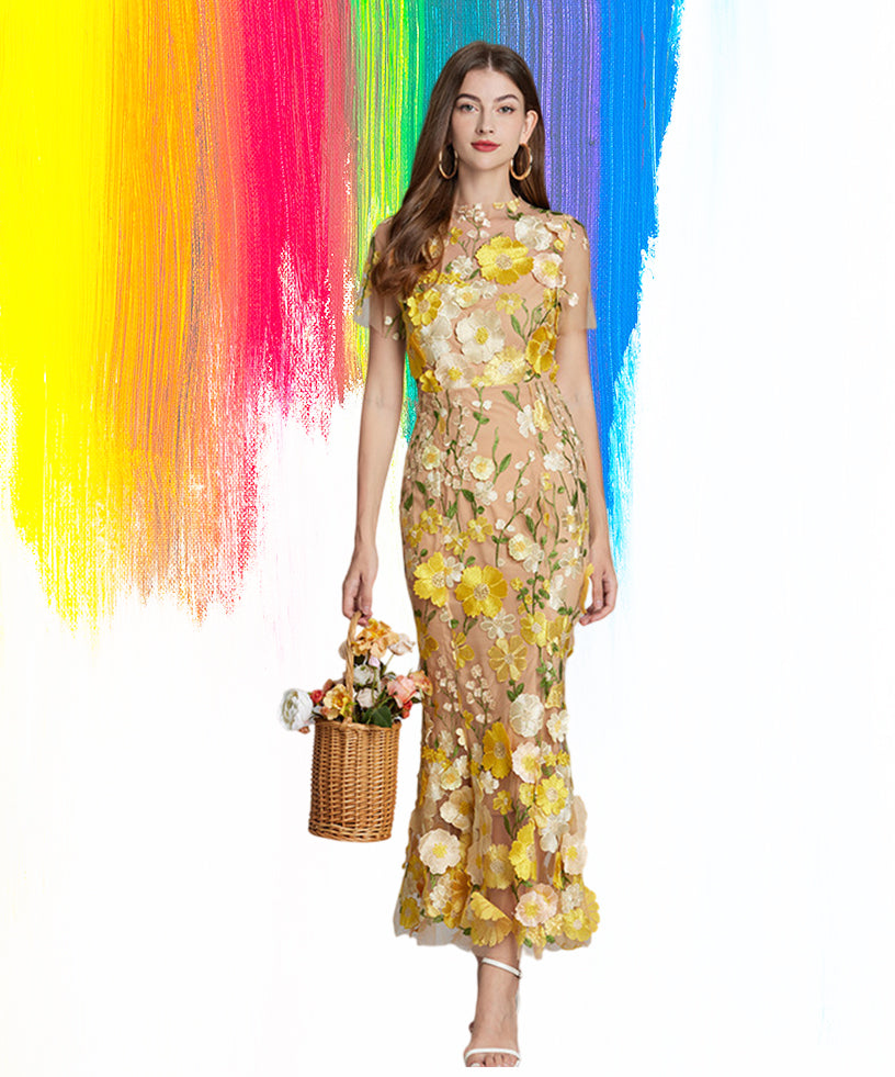 Floral Embroidered Mesh Party Dress – Elegant Fishtail Formal Gown, Beach Holiday Dress, Wedding Guest Outfit